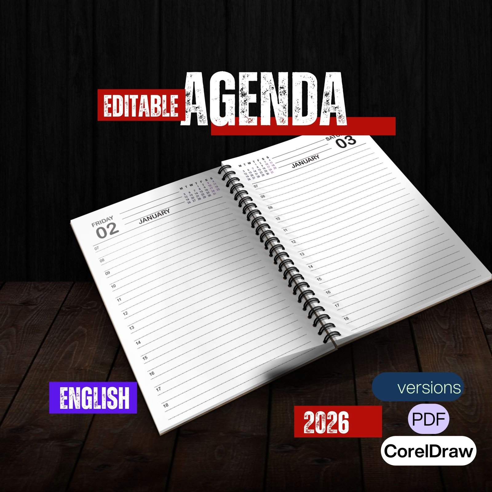 Arquivo Agenda Editable English - Modelo de Agenda